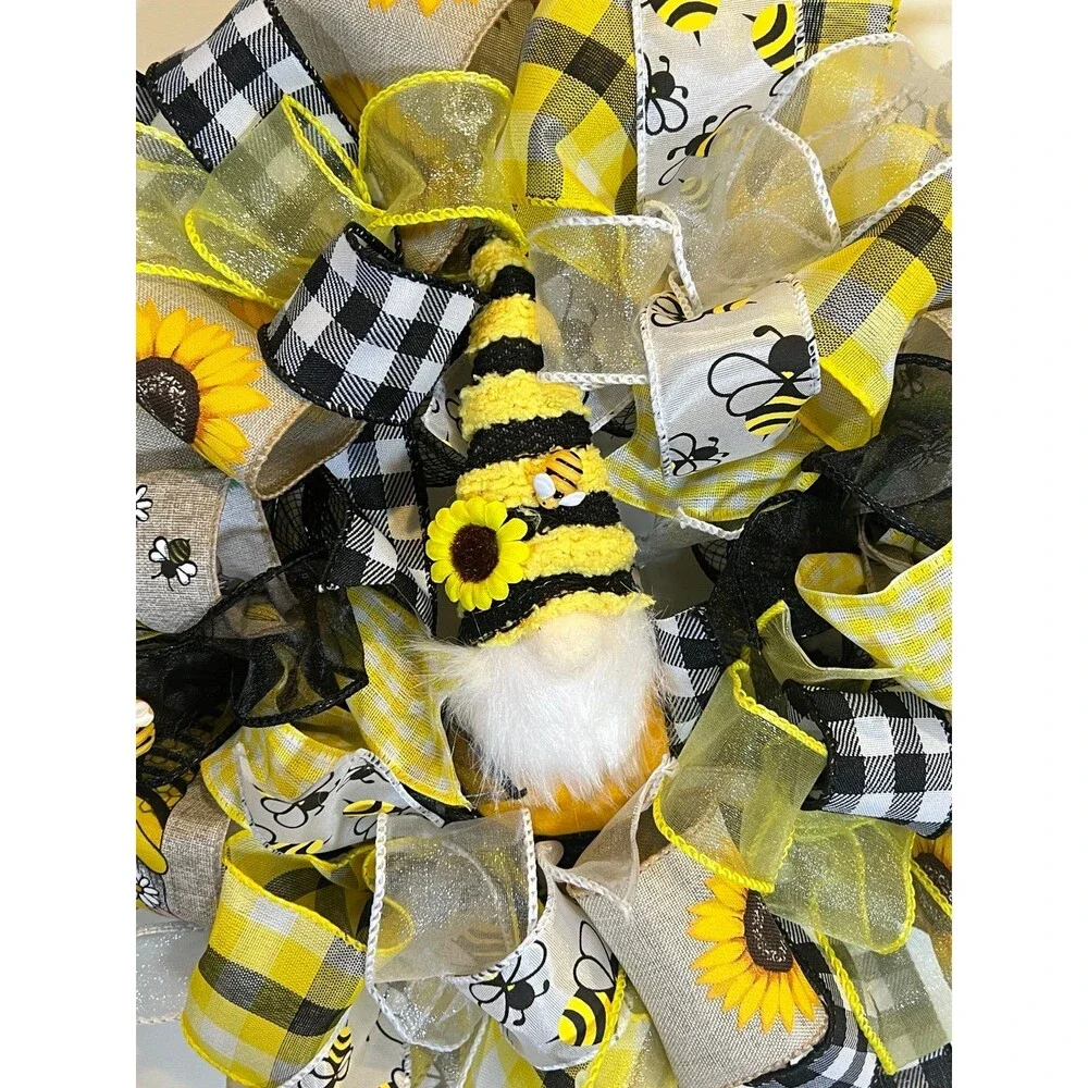 Handmade Sunflower Bee Ribbon Wreath 13 inches Honey Bee Gnome MW11